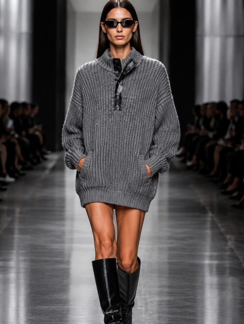 VICI Oversized Gray Knit Pullover Sweater with Snap Placket.